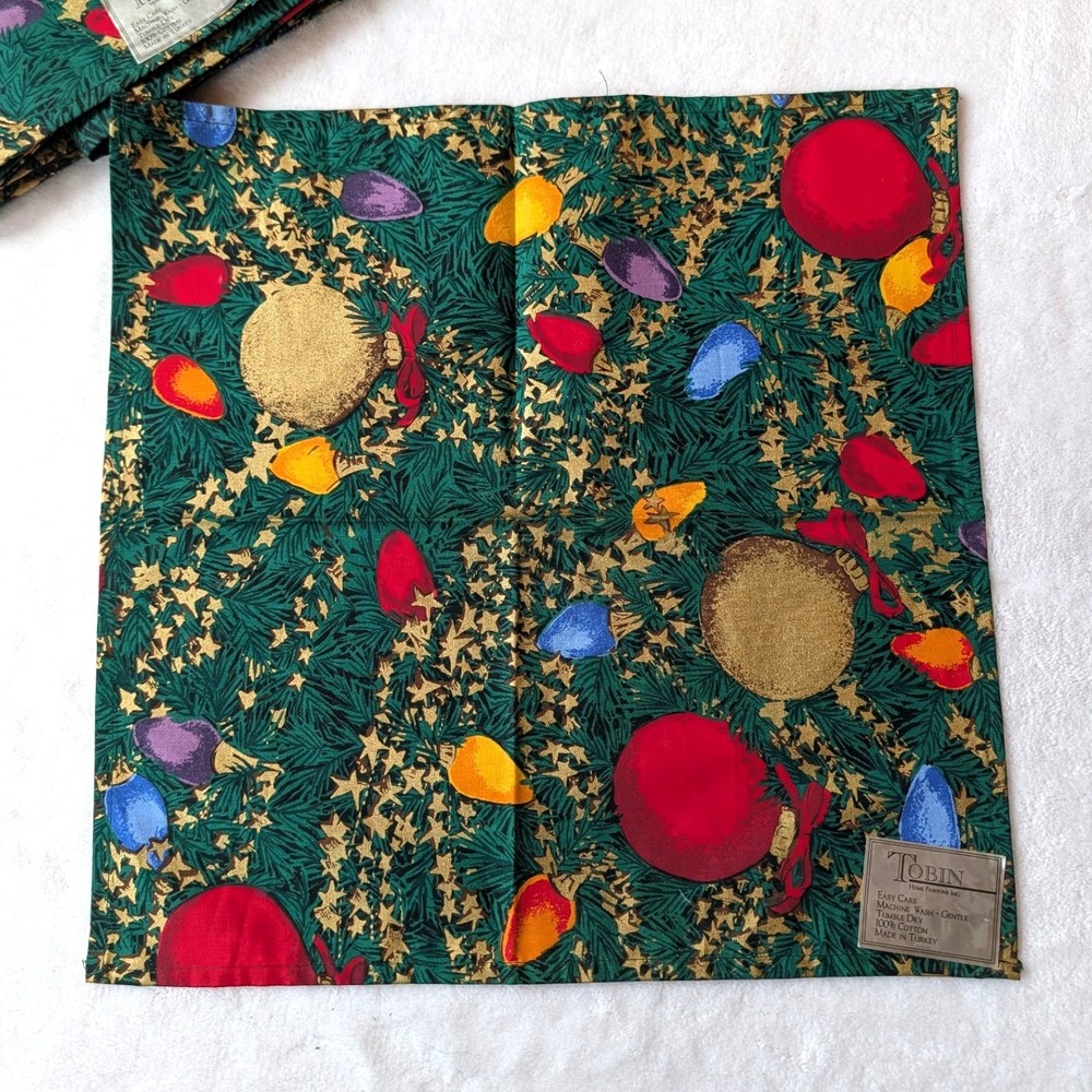 Vintage Tobin Christmas Cotton Napkins Set of 8 Ornament Light Bulb Print 16x16
